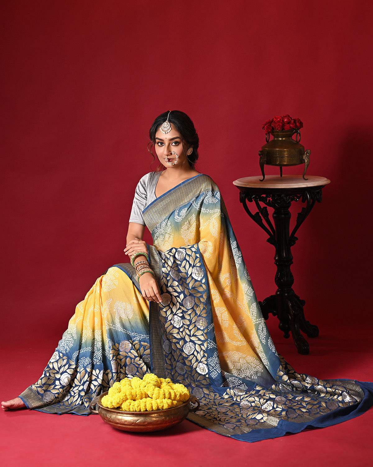 Dual Shade Blue and Yellow Exclusive Handloom Pure Banarsi Georgette Bandhani Saree