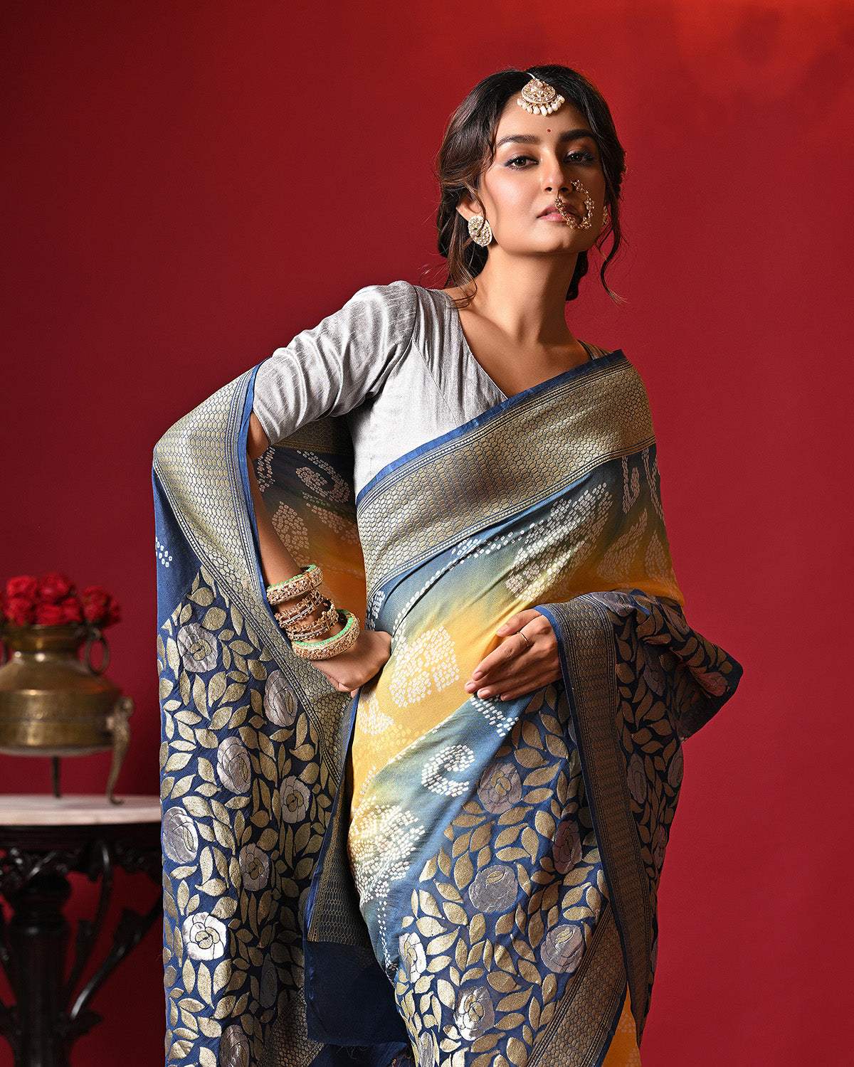 Dual Shade Blue and Yellow Exclusive Handloom Pure Banarsi Georgette Bandhani Saree