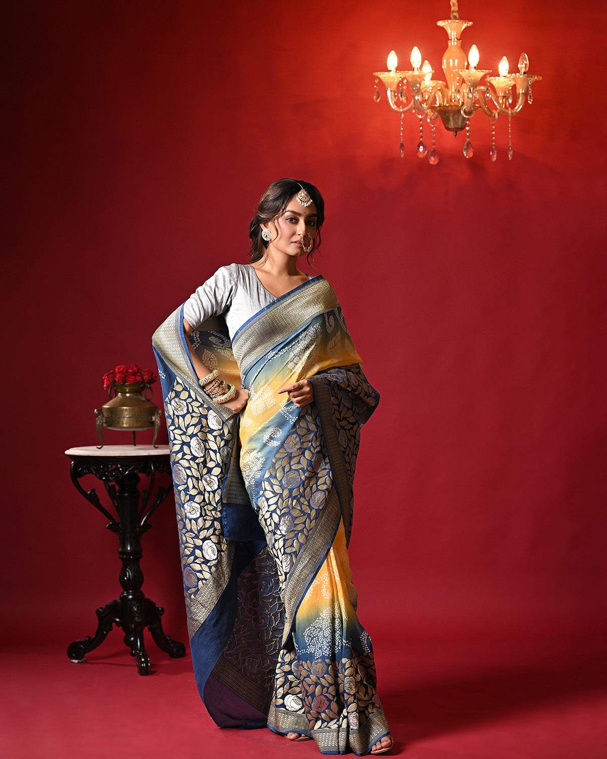 Dual Shade Blue and Yellow Exclusive Handloom Pure Banarsi Georgette Bandhani Saree
