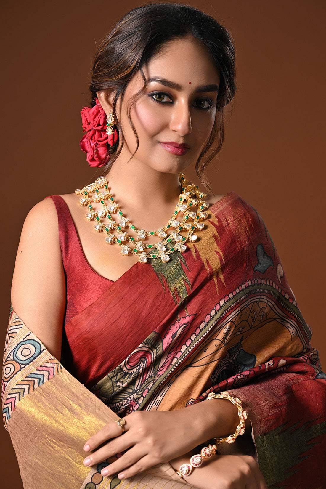 Noor Jahan inspired by regal grandeur and timeless Mughal elegance - 925 Silver Handcrafted Moissanite Polki Necklace and Earrings