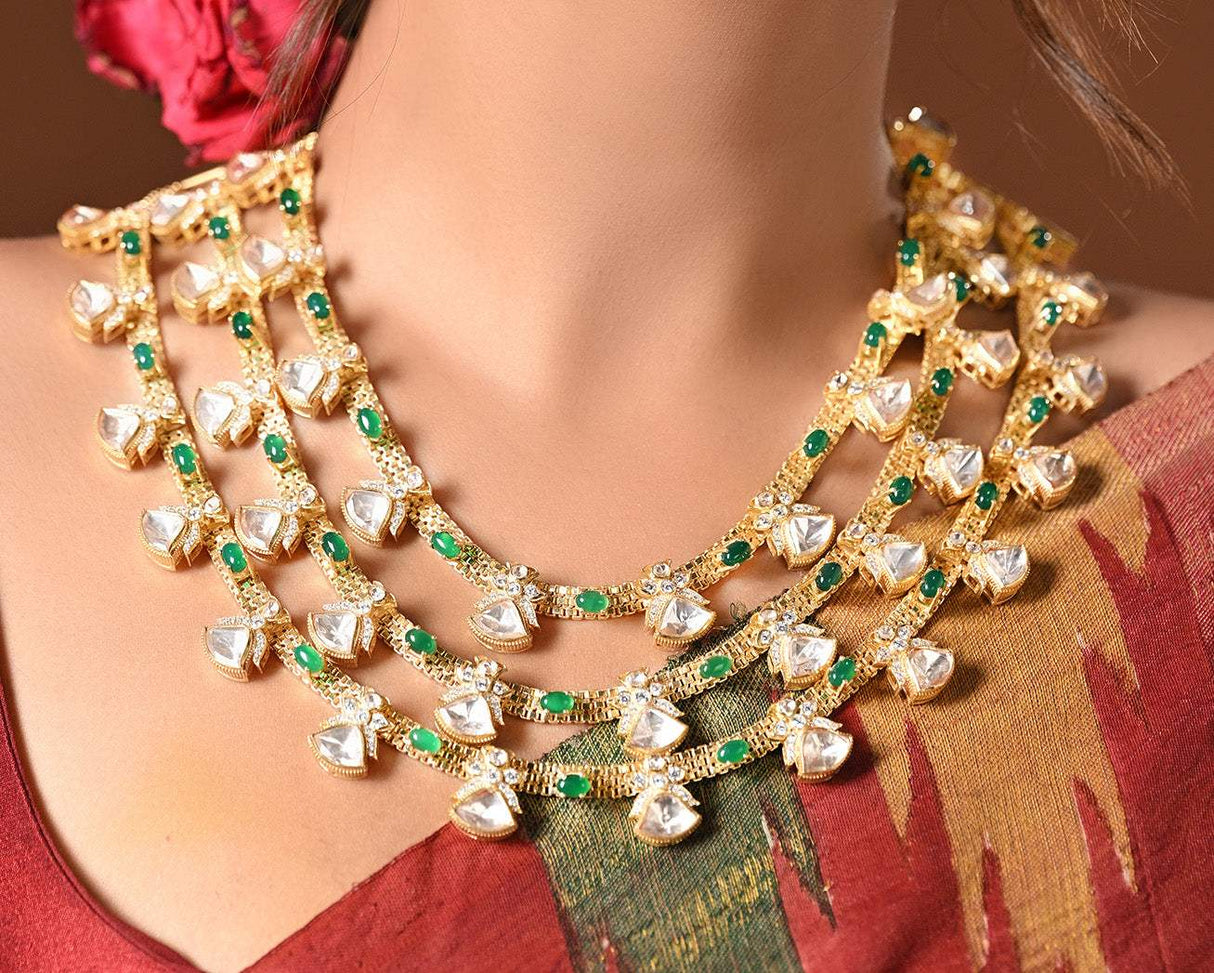 Noor Jahan inspired by regal grandeur and timeless Mughal elegance - 925 Silver Handcrafted Moissanite Polki Necklace and Earrings