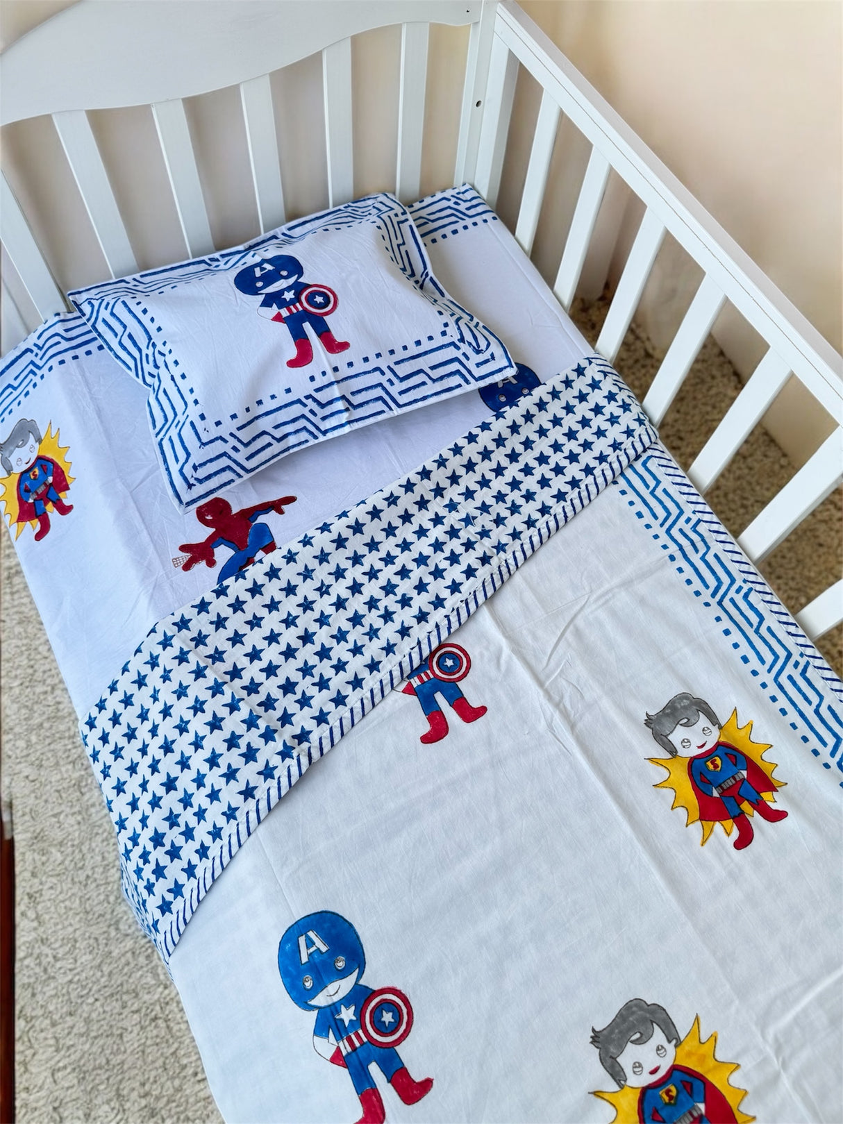 Super Heroes- Baby Cot Bedding (cot sheet, dohar, pillowcase)