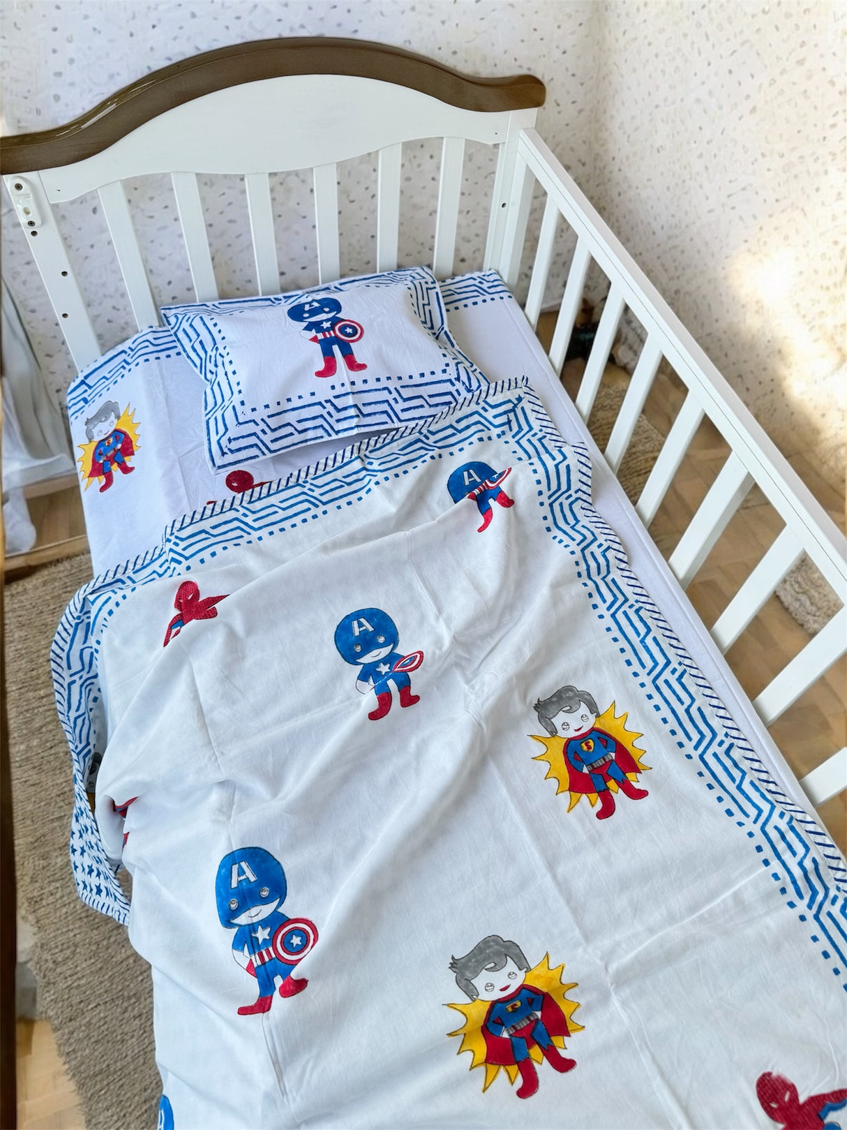 Super Heroes- Baby Cot Bedding (cot sheet, dohar, pillowcase)