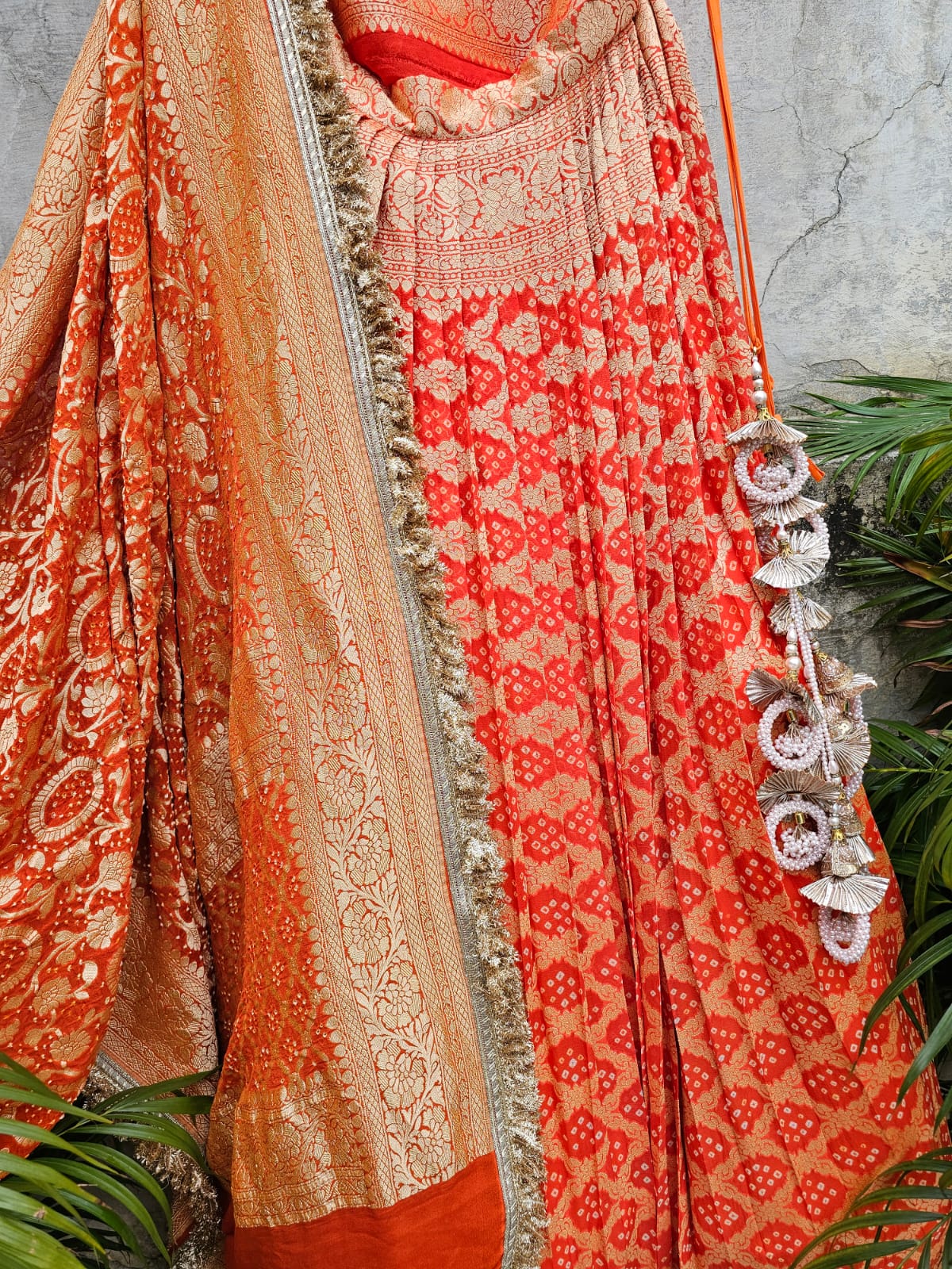 Orange Pure Banarsi Georgette Bandhani Lehenga