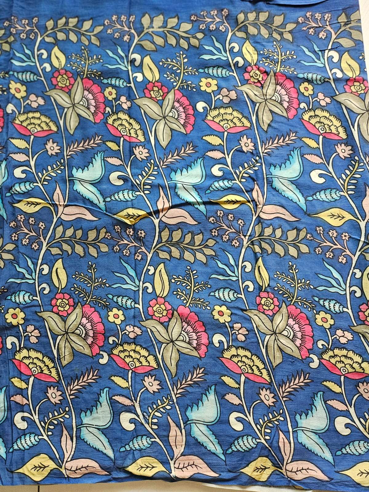 Bangalore Silk Pen Kalamkari Blouse Fabric with Floral Motifs