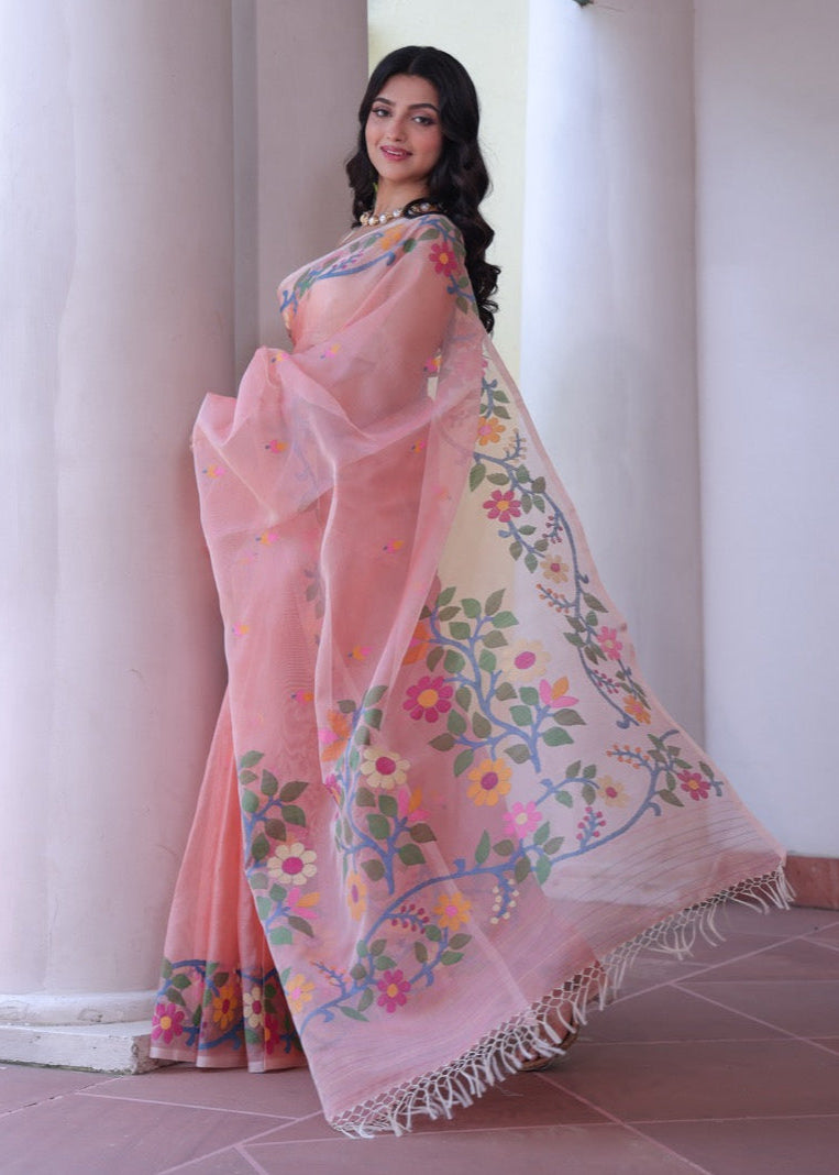 Aabroo Gulnar - Peach Handloom Muslin Silk Saree with Jamdani weaving