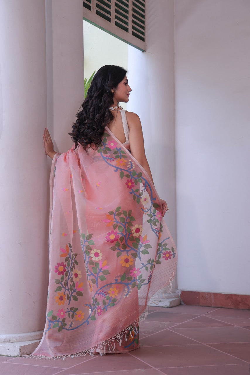 Aabroo Gulnar - Peach Handloom Muslin Silk Saree with Jamdani weaving