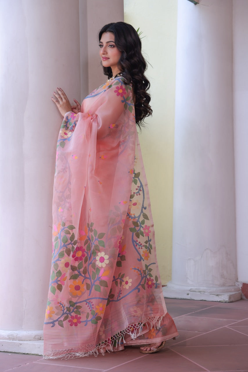 Aabroo Gulnar - Peach Handloom Muslin Silk Saree with Jamdani weaving