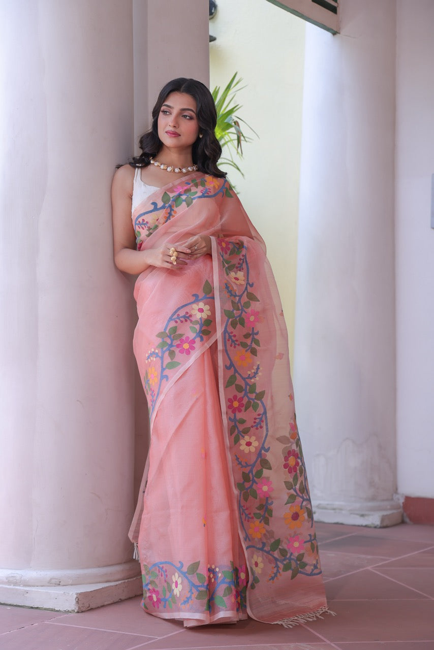 Aabroo Gulnar - Peach Handloom Muslin Silk Saree with Jamdani weaving
