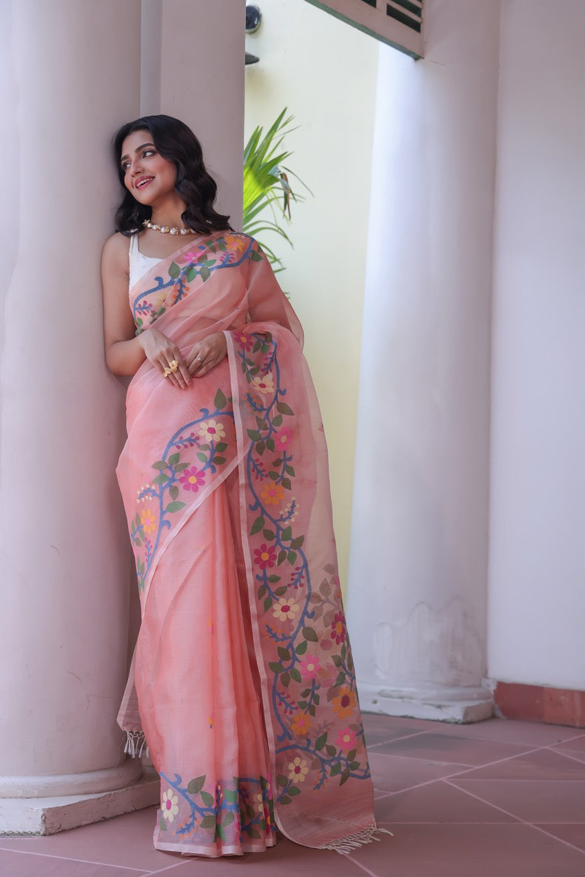 Aabroo Gulnar - Peach Handloom Muslin Silk Saree with Jamdani weaving