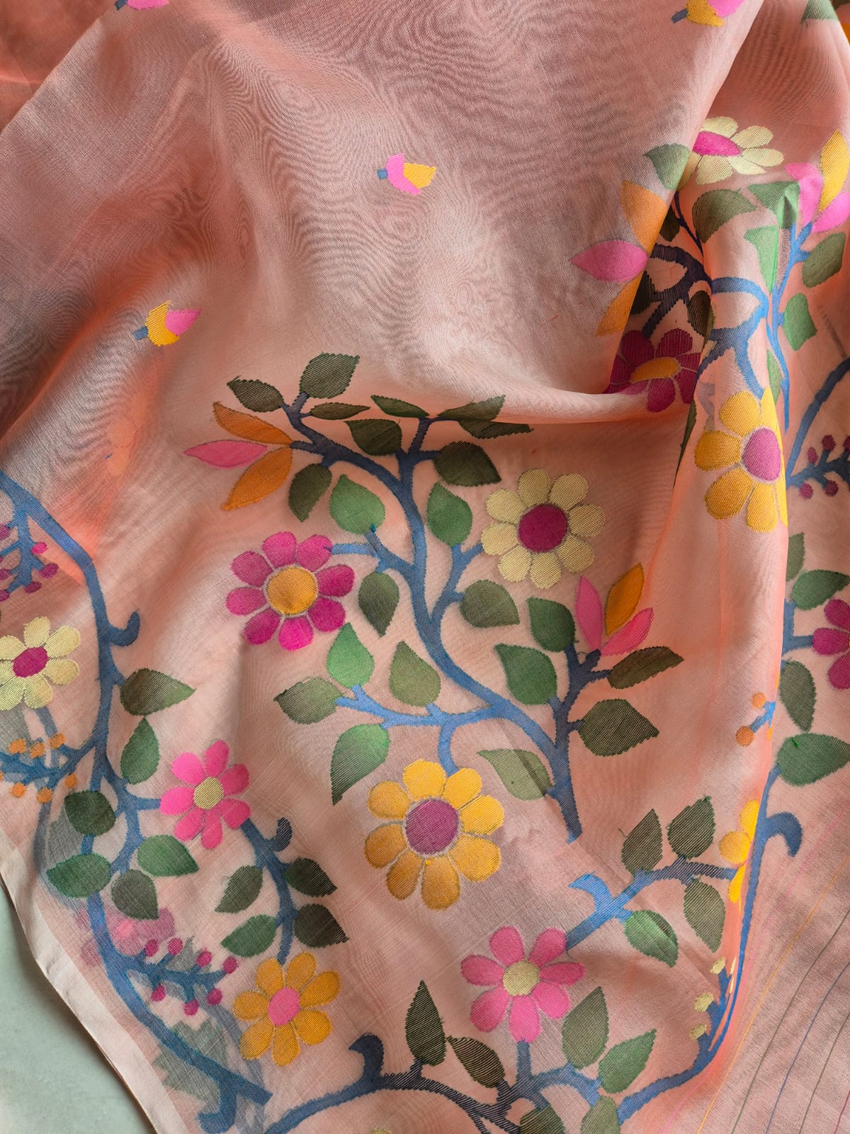 Aabroo Gulnar - Peach Handloom Muslin Silk Saree with Jamdani weaving