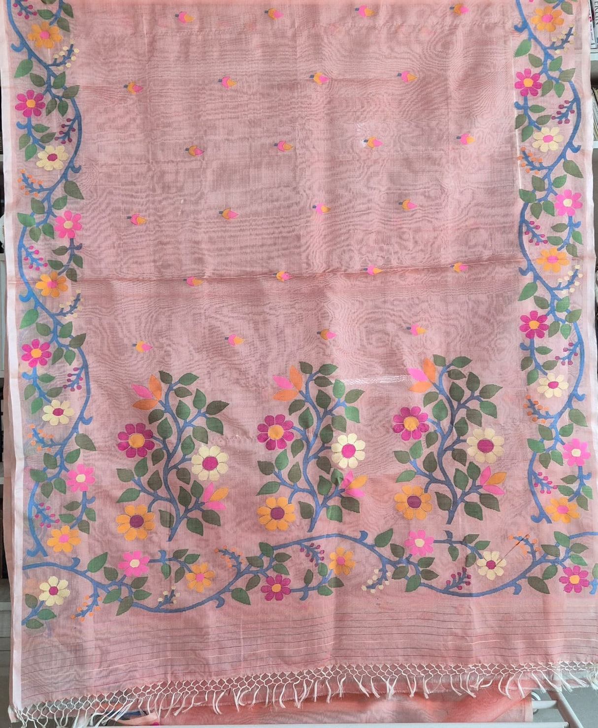 Aabroo Gulnar - Peach Handloom Muslin Silk Saree with Jamdani weaving