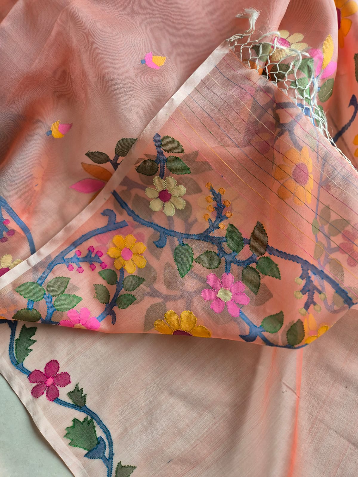 Aabroo Gulnar - Peach Handloom Muslin Silk Saree with Jamdani weaving