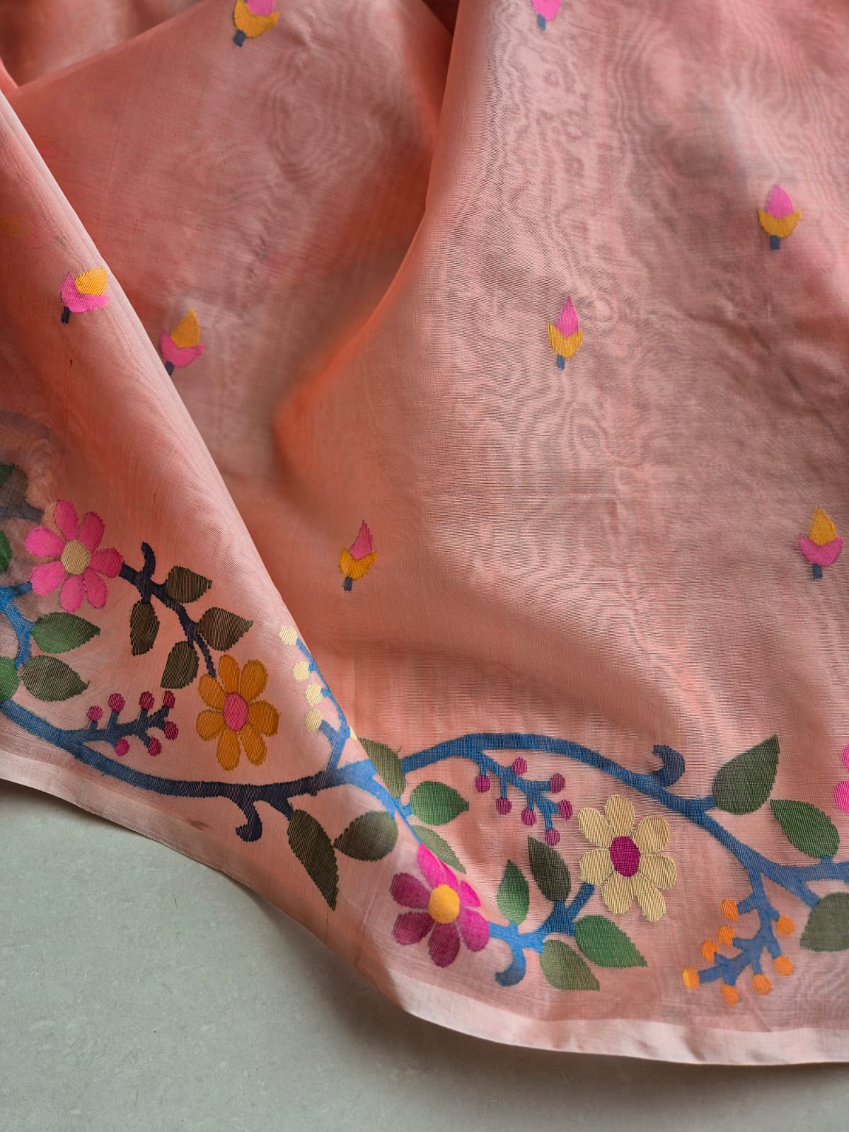 Aabroo Gulnar - Peach Handloom Muslin Silk Saree with Jamdani weaving