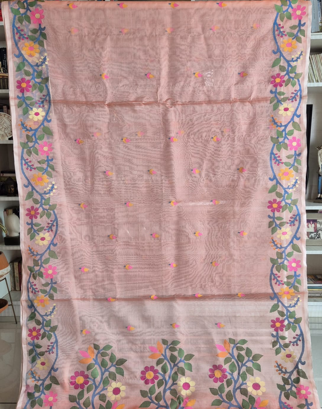 Aabroo Gulnar - Peach Handloom Muslin Silk Saree with Jamdani weaving