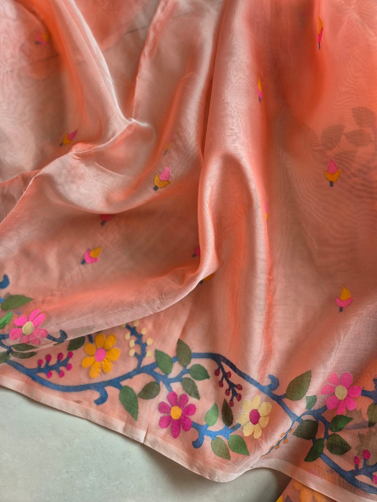 Aabroo Gulnar - Peach Handloom Muslin Silk Saree with Jamdani weaving