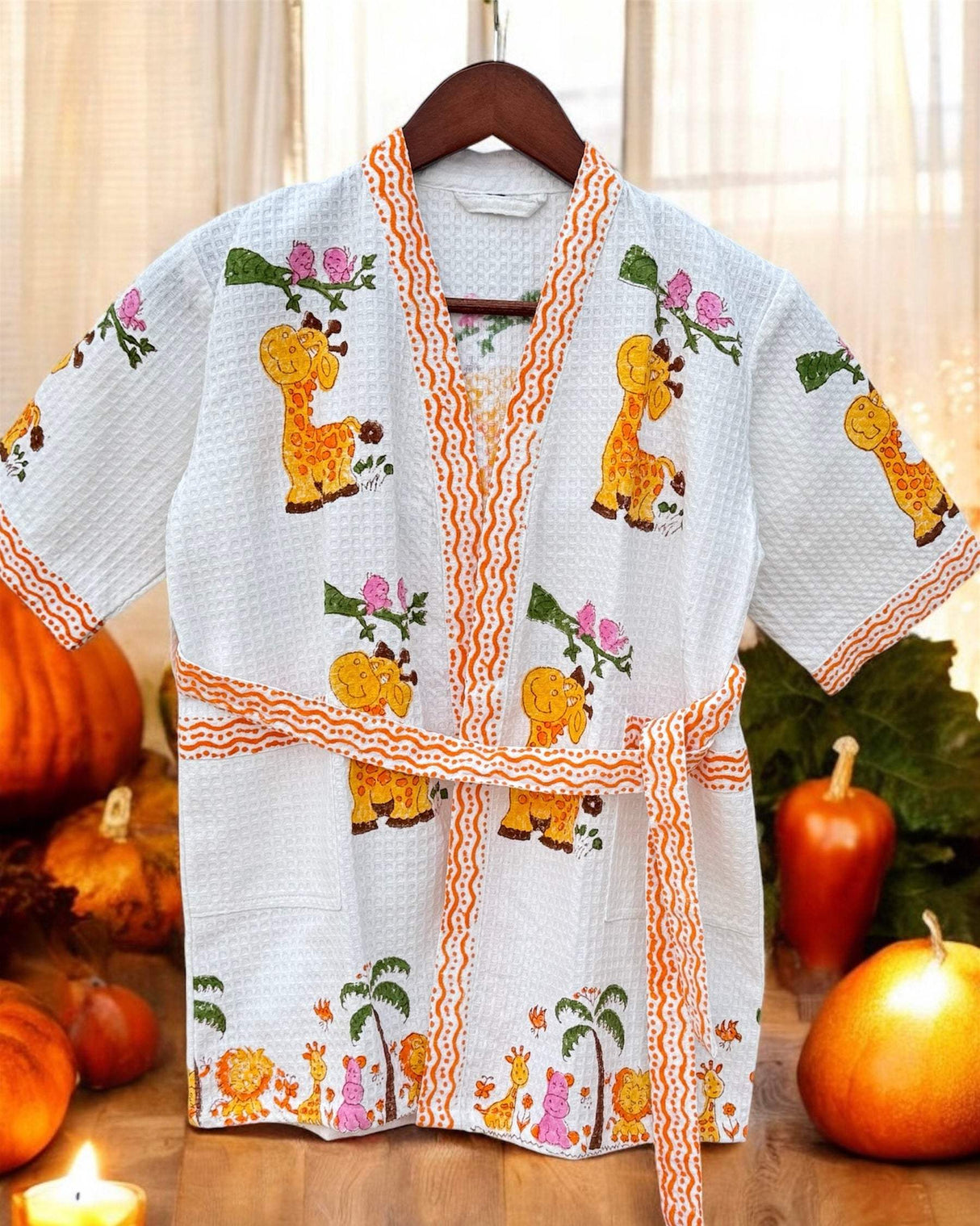 adorable giraffe print cotton waffle bathrobe for kids ideal for beach vacations and summer camps