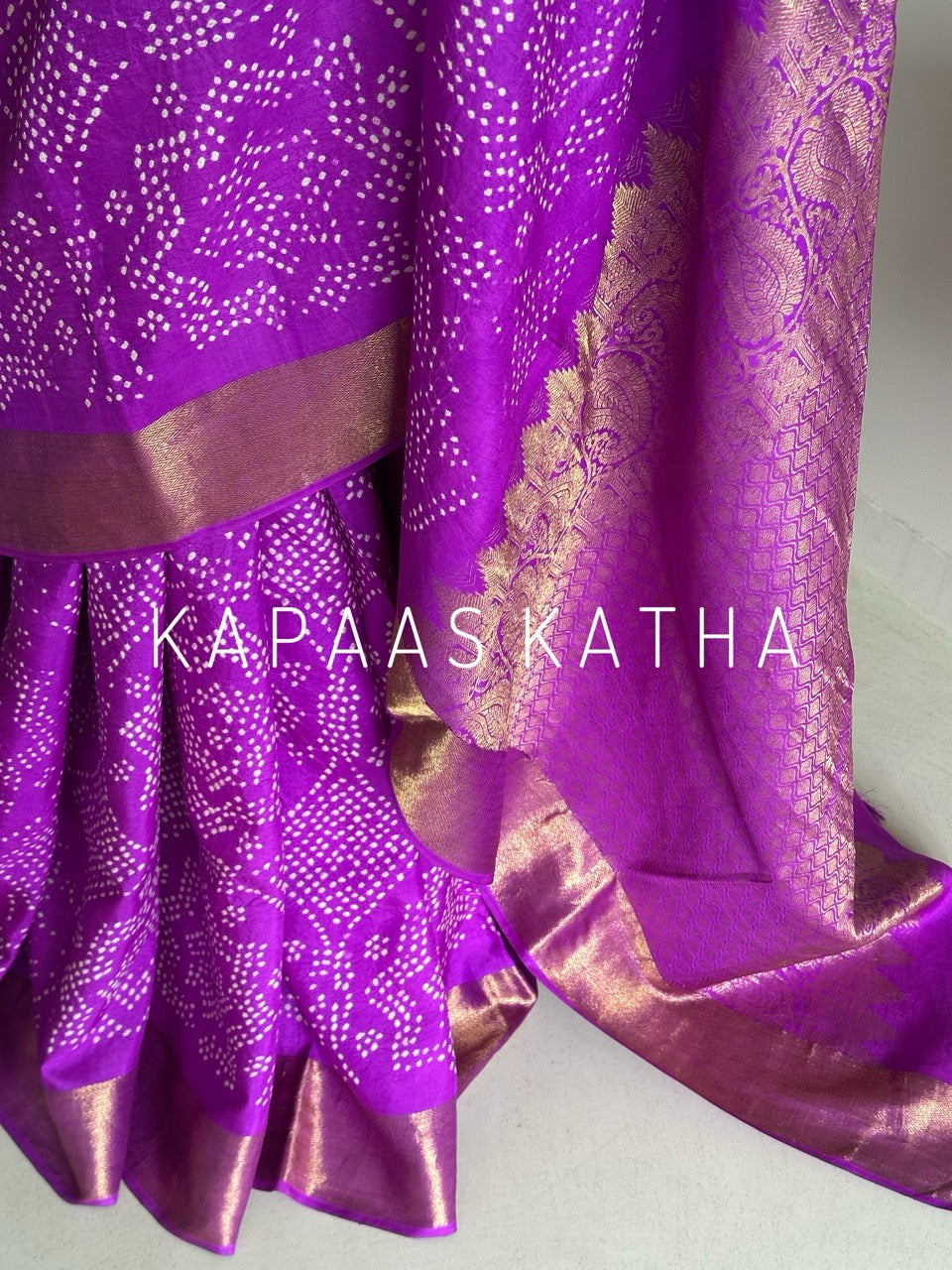 Pure Kanjivaram Silk Bandhani Saree in Purple | Kapaas Katha