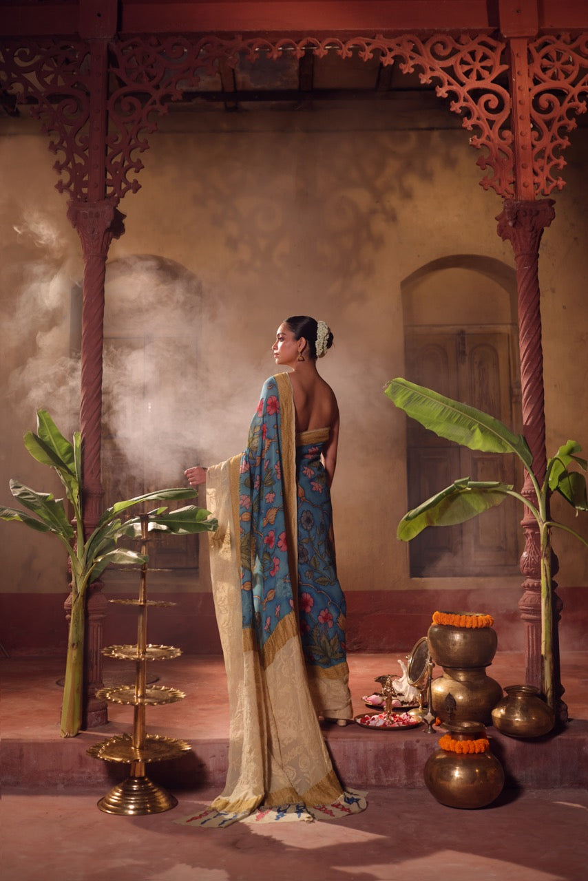 Rangrekha Sutra – Pure Banarasi georgette Kalamkari Saree with Lucknow Hand Chikankari