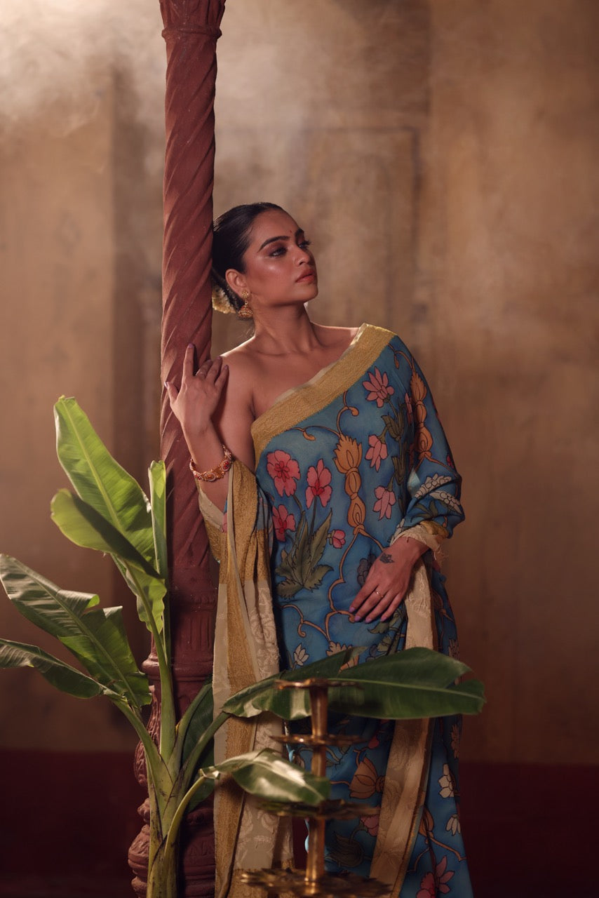 Rangrekha Sutra – Pure Banarasi georgette Kalamkari Saree with Lucknow Hand Chikankari