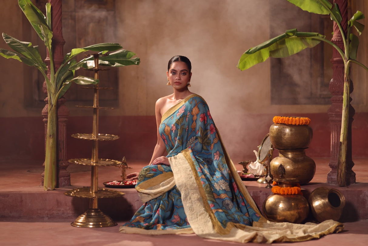 Rangrekha Sutra – Pure Banarasi georgette Kalamkari Saree with Lucknow Hand Chikankari