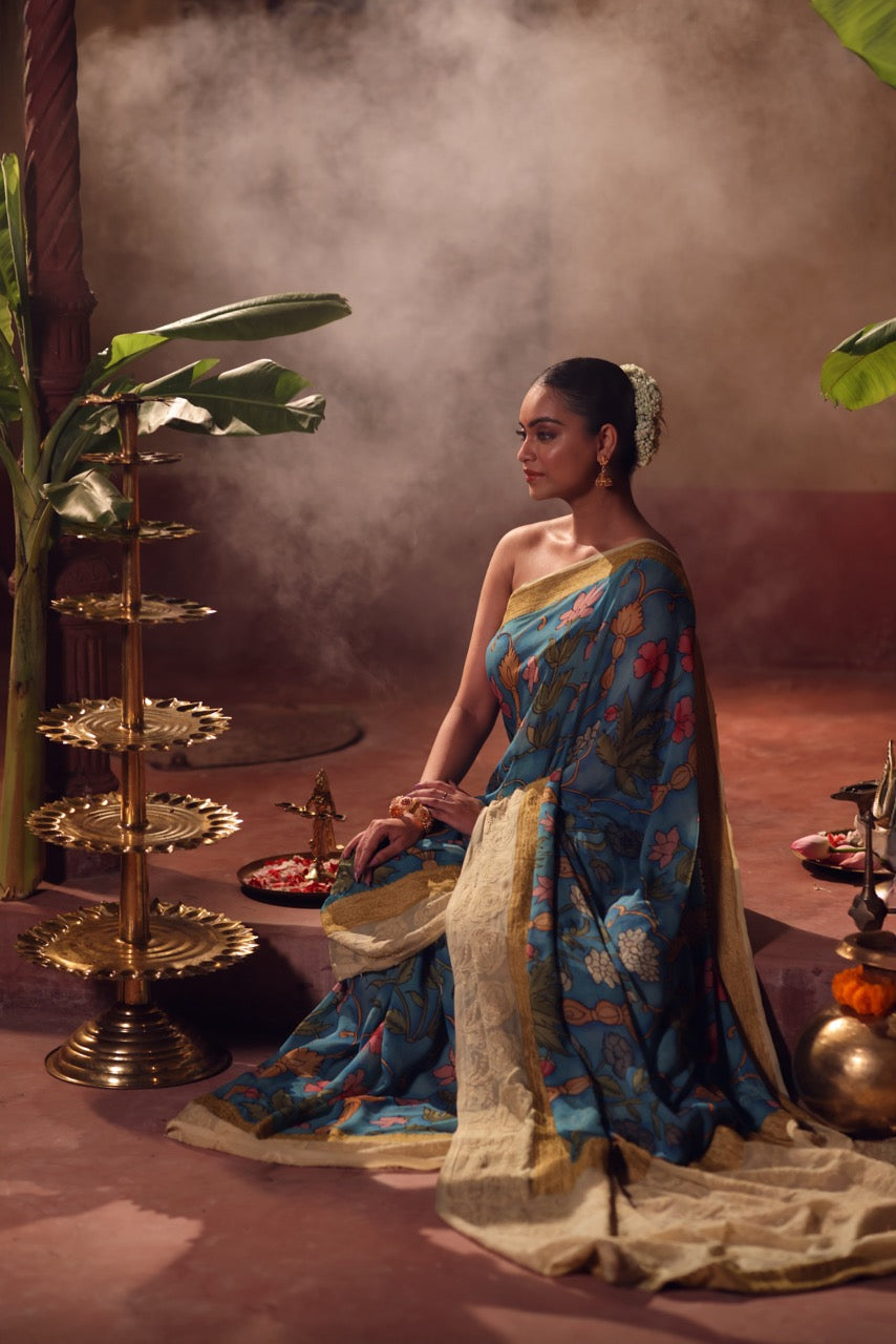 Rangrekha Sutra – Pure Banarasi georgette Kalamkari Saree with Lucknow Hand Chikankari