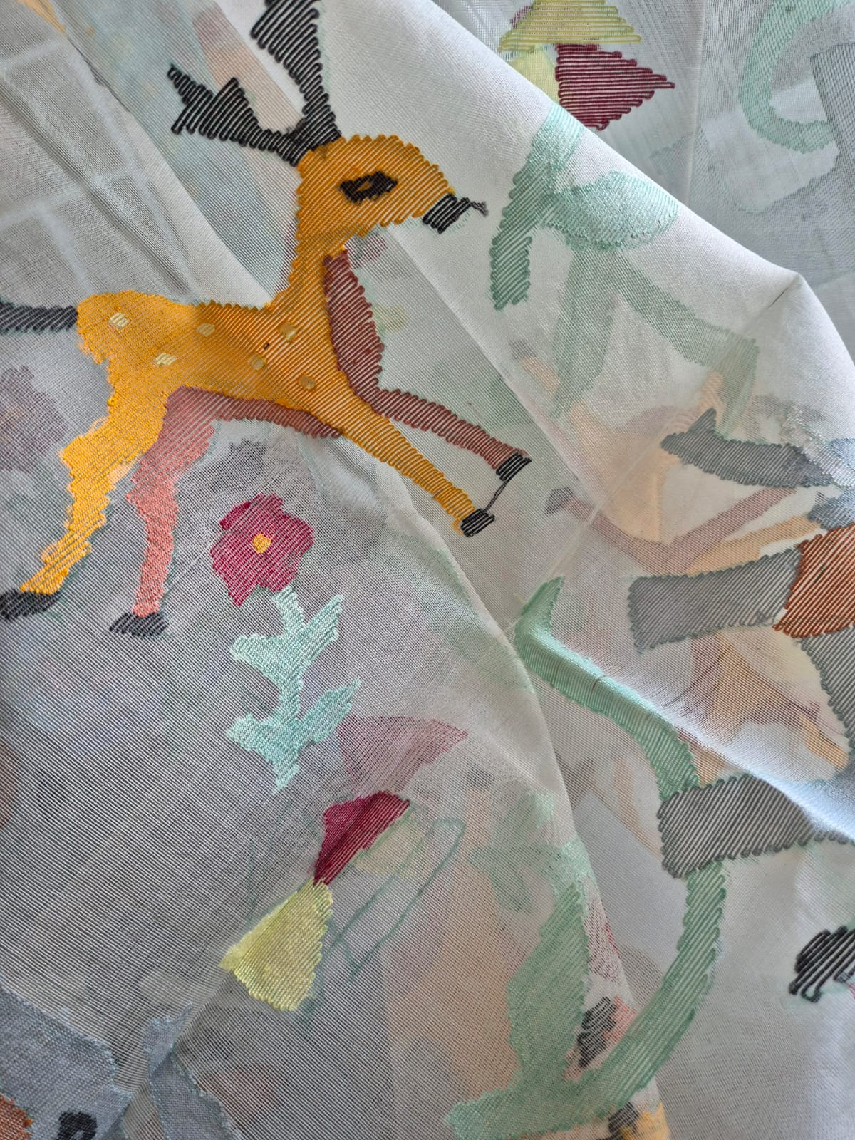 Deer and Elephant Theme Handloom Off White Muslin Silk Jamdani Dupatta