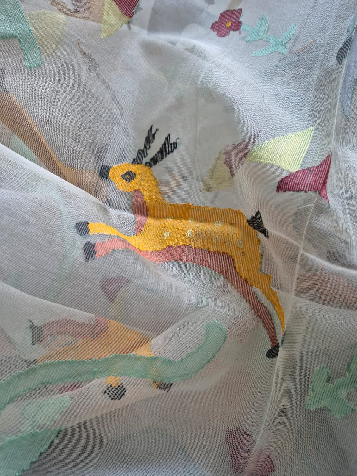 Deer and Elephant Theme Handloom Off White Muslin Silk Jamdani Dupatta