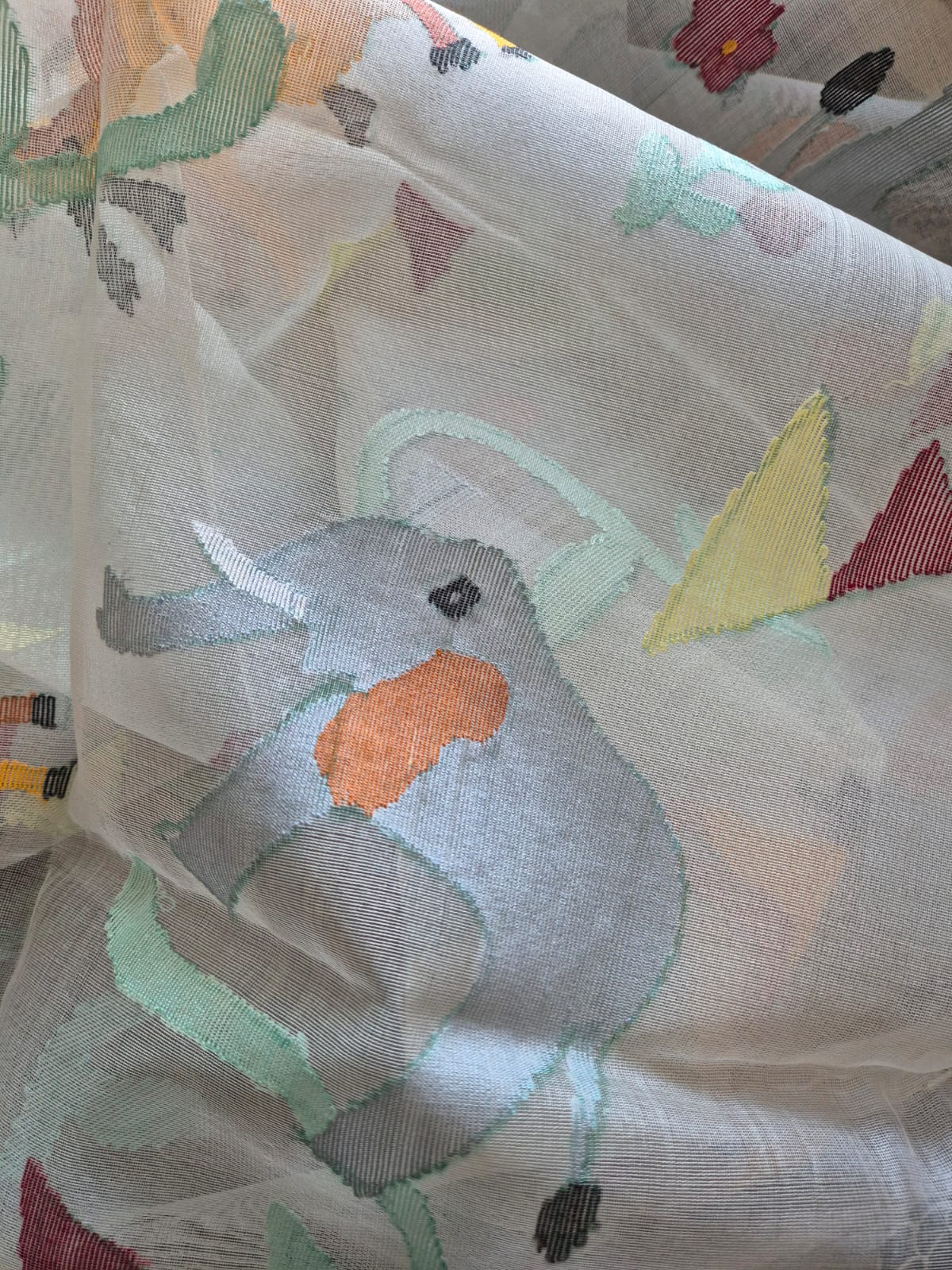 Deer and Elephant Theme Handloom Off White Muslin Silk Jamdani Dupatta