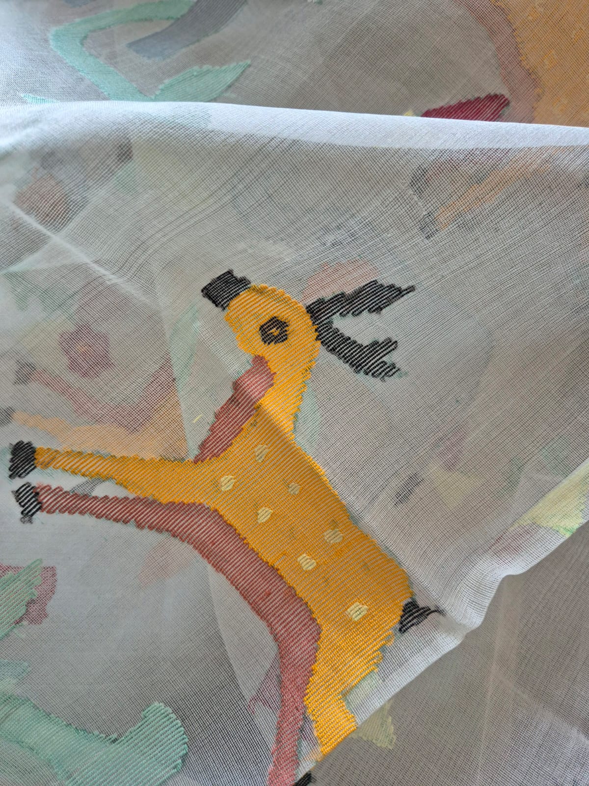 Deer and Elephant Theme Handloom Off White Muslin Silk Jamdani Dupatta