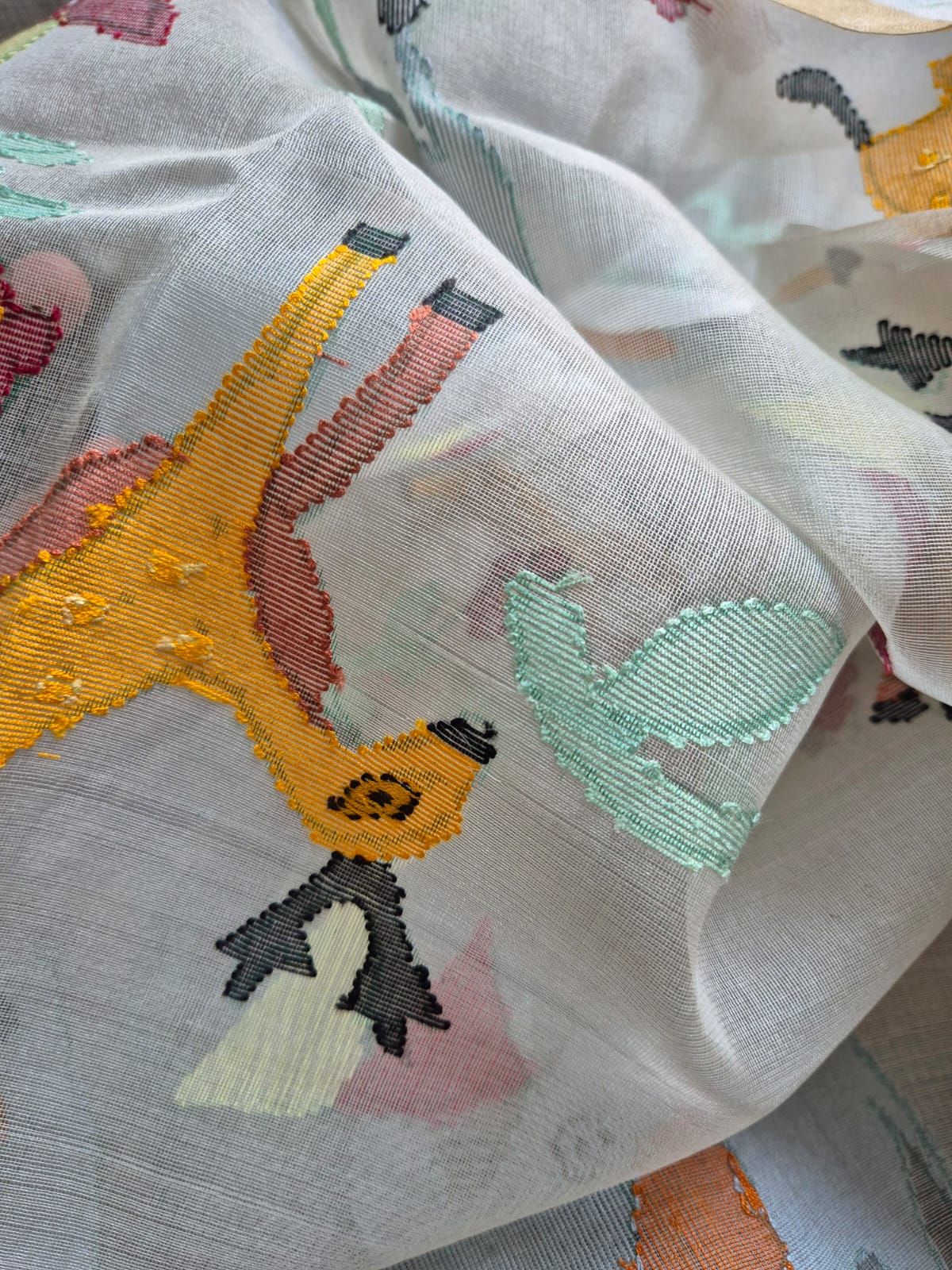 Deer and Elephant Theme Handloom Off White Muslin Silk Jamdani Dupatta