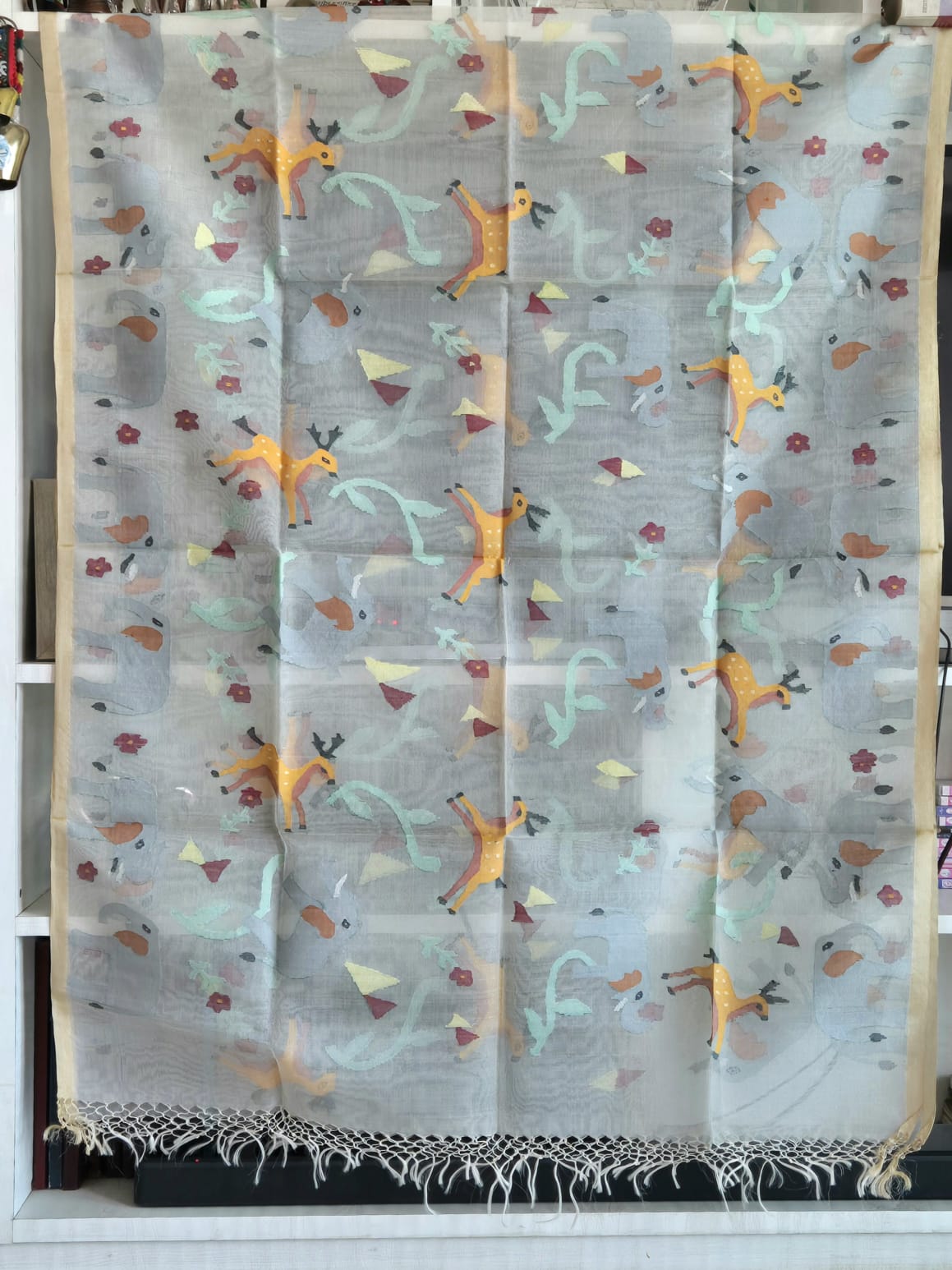 Deer and Elephant Theme Handloom Off White Muslin Silk Jamdani Dupatta