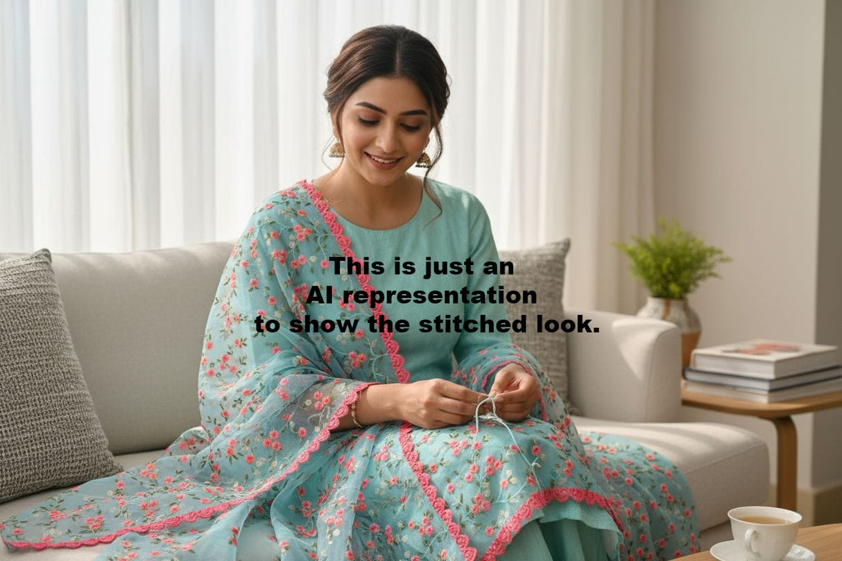 Aqua Blue 3 Piece Cotton Silk Unstitched Suit Set with Organza Dupatta