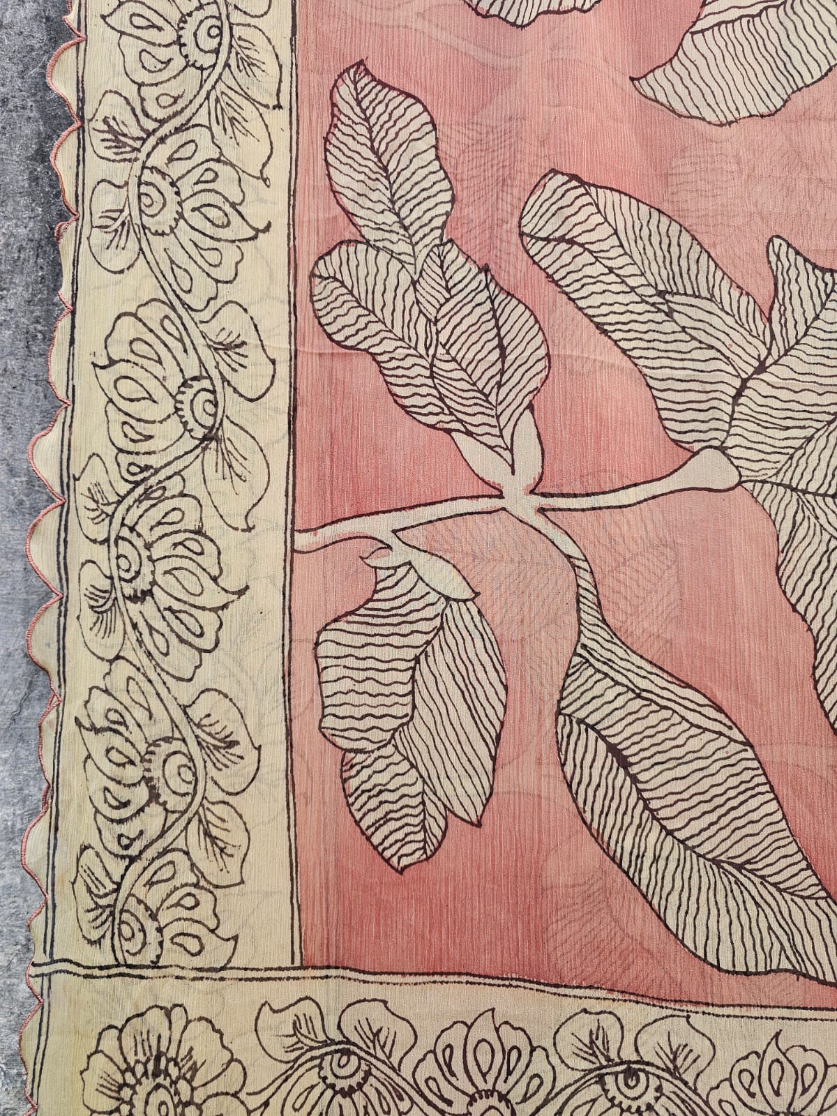 artistic-peach-bloom-kalamkari-chiffon-saree