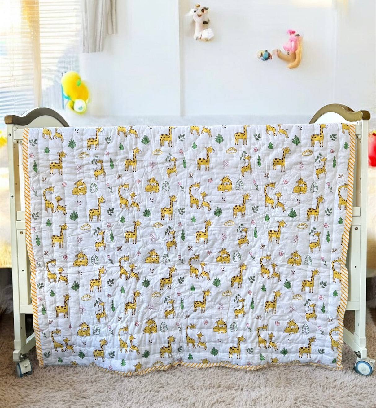 jungle giraffe print yellow baby dohar ideal for toddler gifting in Indian households across Germany and Australia