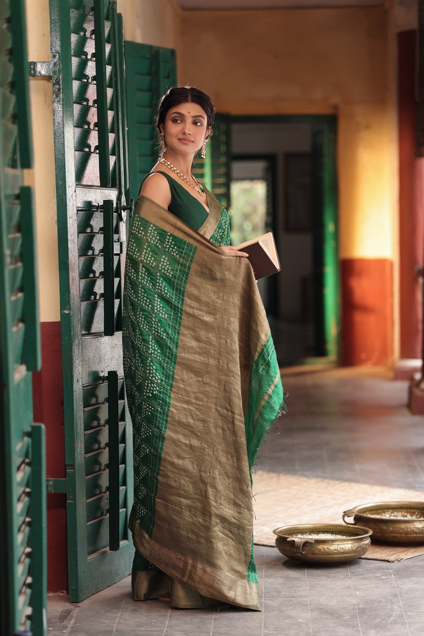 baadal-phool-green-chanderi-silk-bandhani-saree