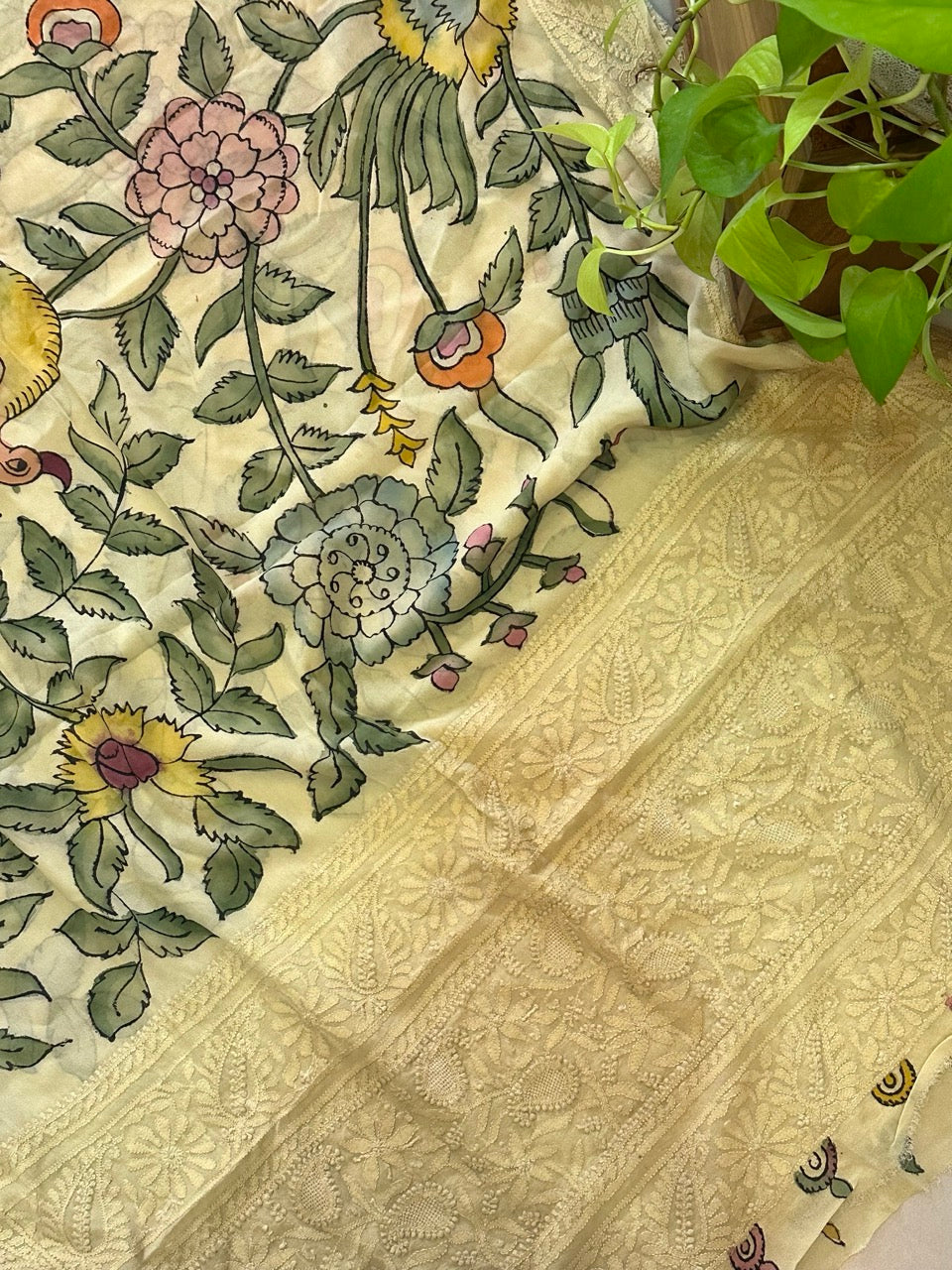 bagh-e-noor-pure-banarsi-georgette-kalamkari-dupatta-with-lucknow-embroidery