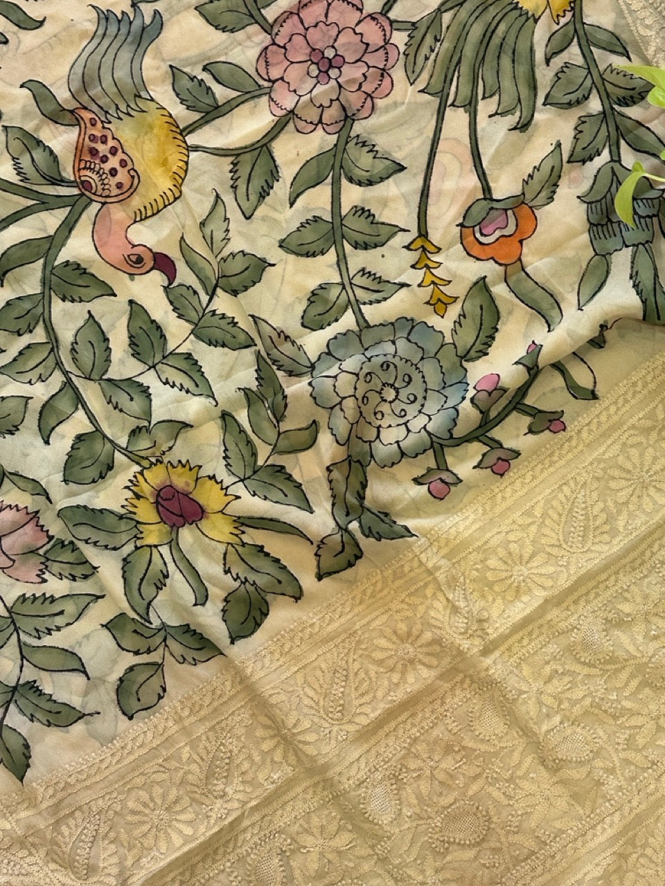 bagh-e-noor-pure-banarsi-georgette-kalamkari-dupatta-with-lucknow-embroidery