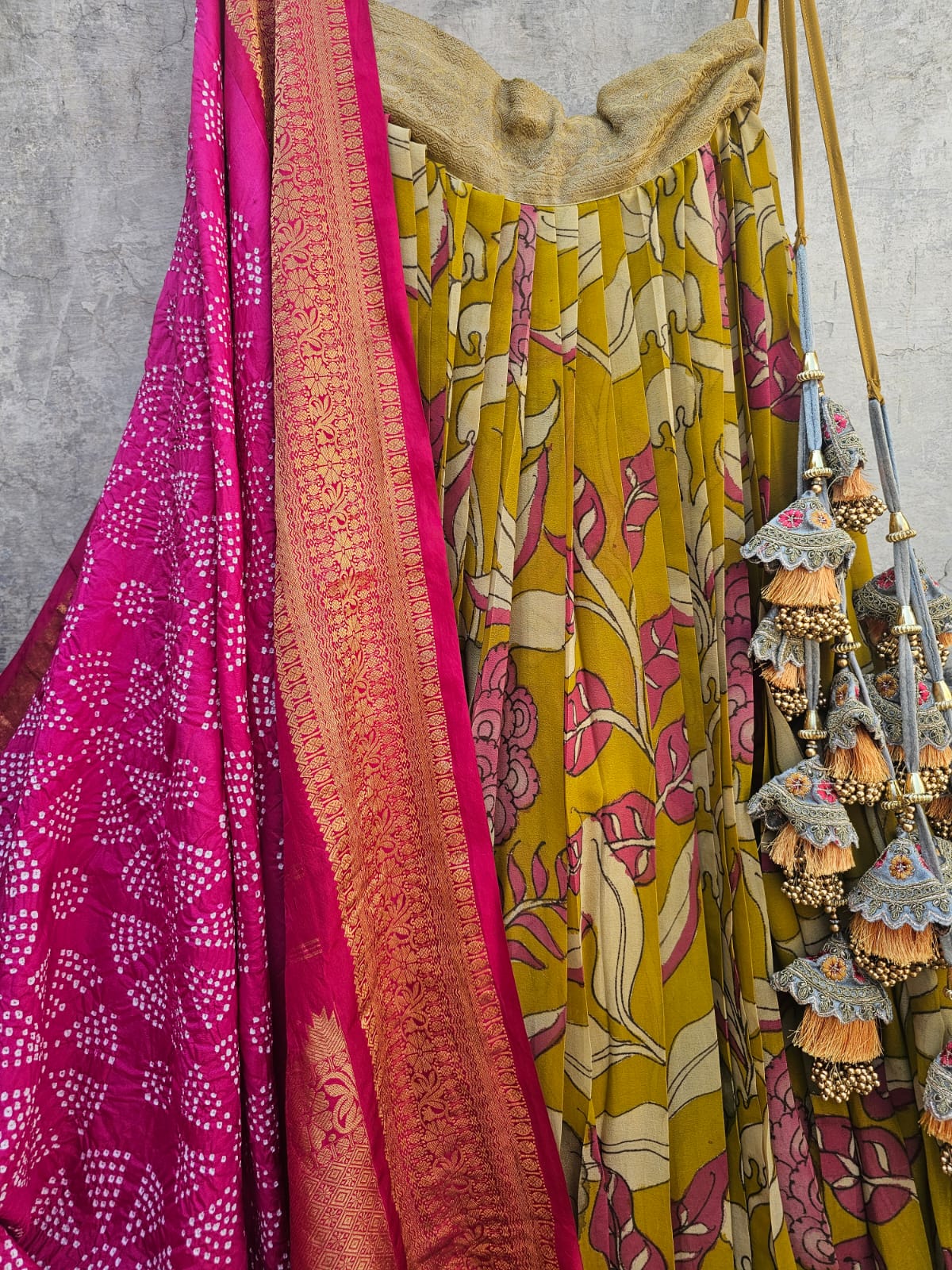 Floral Theme Pure Banarasi Georgette Kalamkari Lehenga with Kanjivaram Silk Bandhani Dupatta