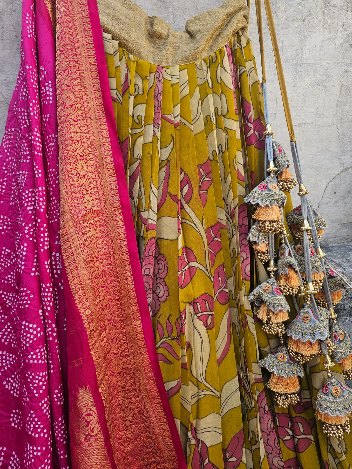Floral Theme Pure Banarasi Georgette Kalamkari Lehenga with Kanjivaram Silk Bandhani Dupatta