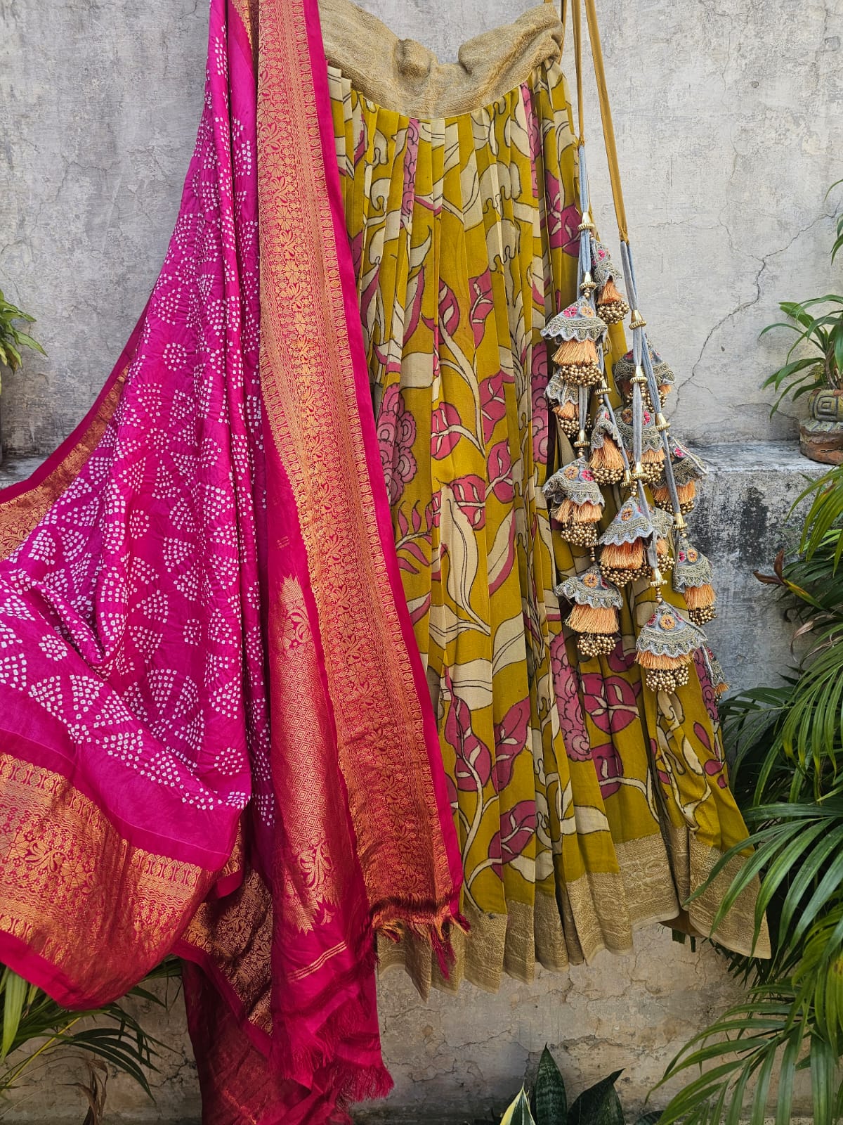 Floral Theme Pure Banarasi Georgette Kalamkari Lehenga with Kanjivaram Silk Bandhani Dupatta