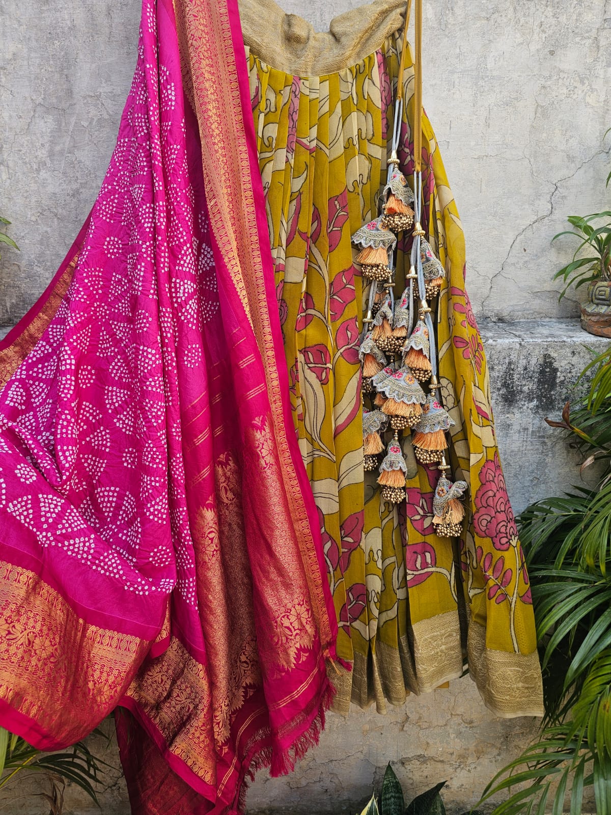Floral Theme Pure Banarasi Georgette Kalamkari Lehenga with Kanjivaram Silk Bandhani Dupatta