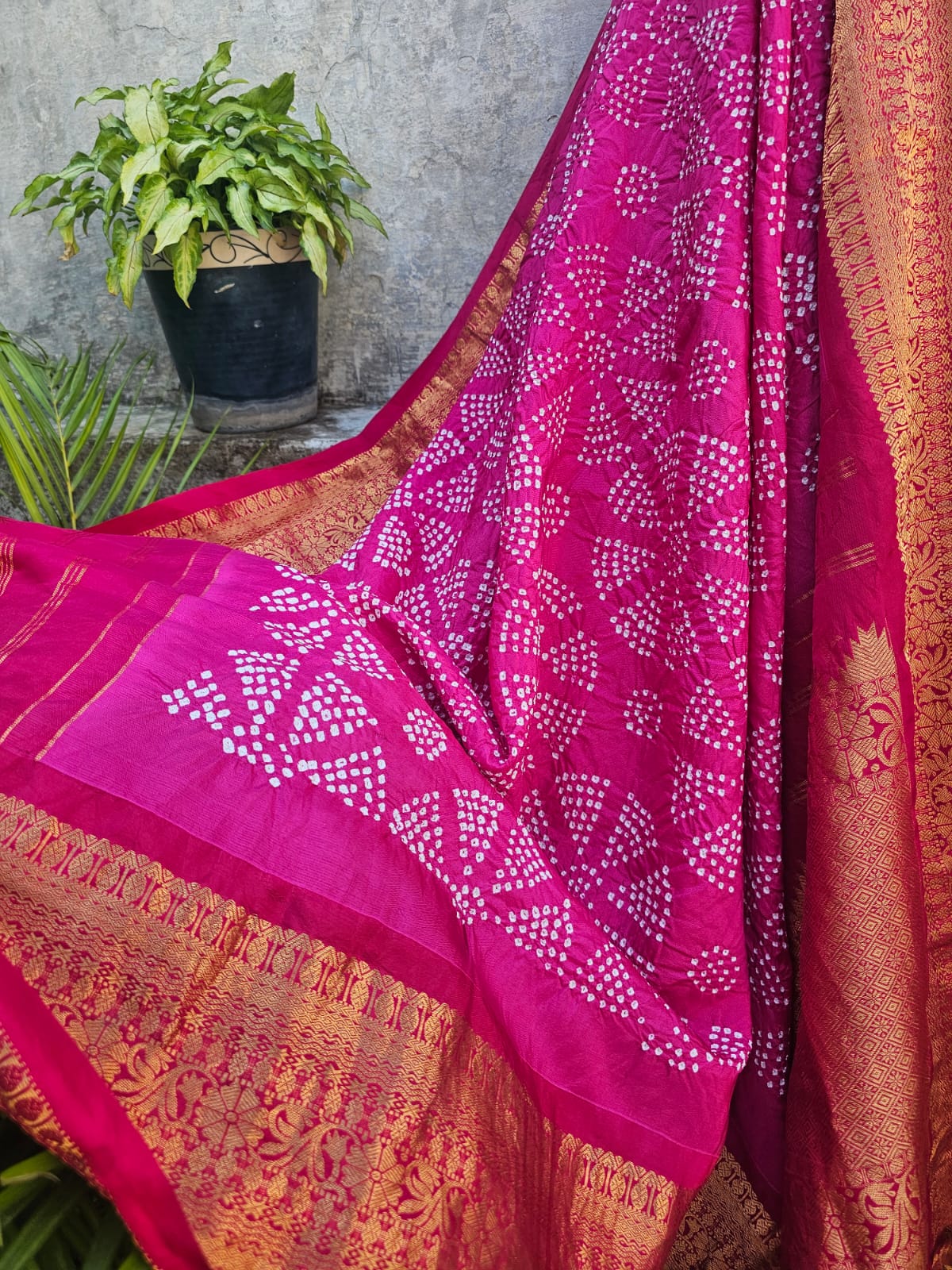 Floral Theme Pure Banarasi Georgette Kalamkari Lehenga with Kanjivaram Silk Bandhani Dupatta