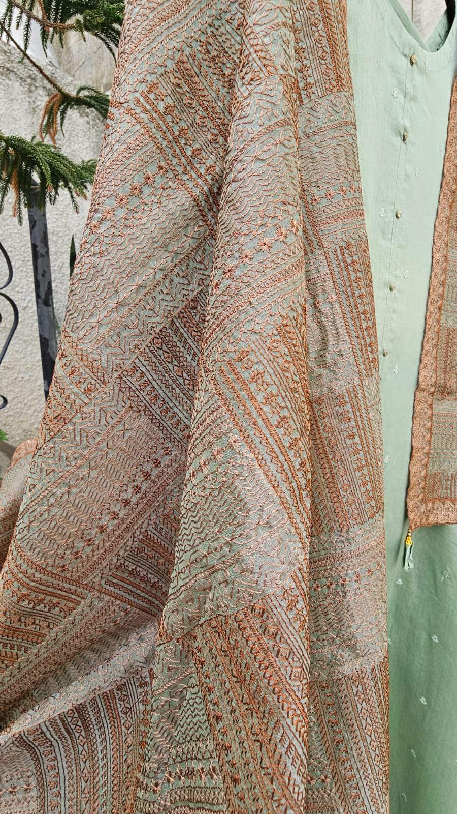 Lovely Green 3-pc Chanderi Mulmul Semi Stitched Suit Set