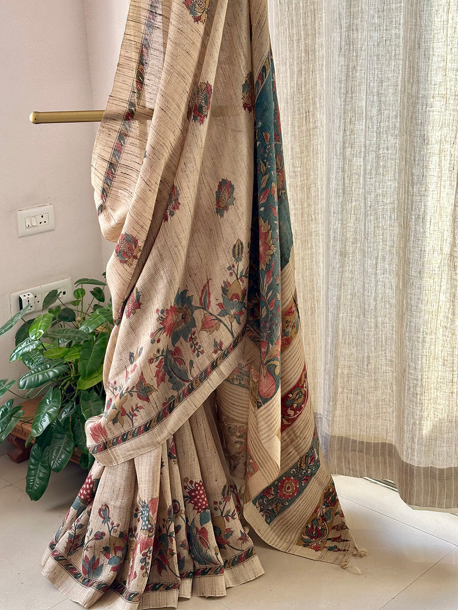 beige-desi-tussar-silk-floral-kalamkari-saree-front-view
