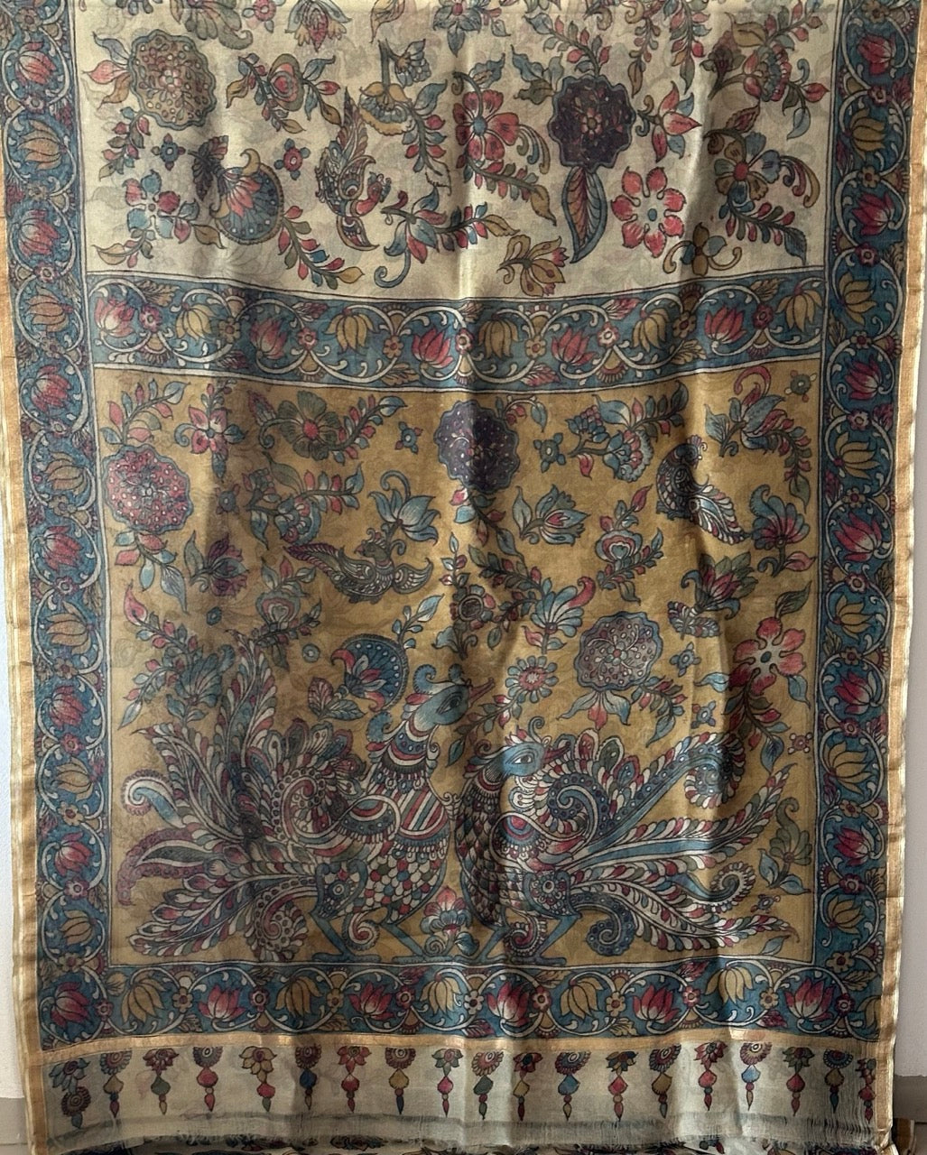 beige-peacock-floral-organza-kalamkari-saree-pallu-detail-view
