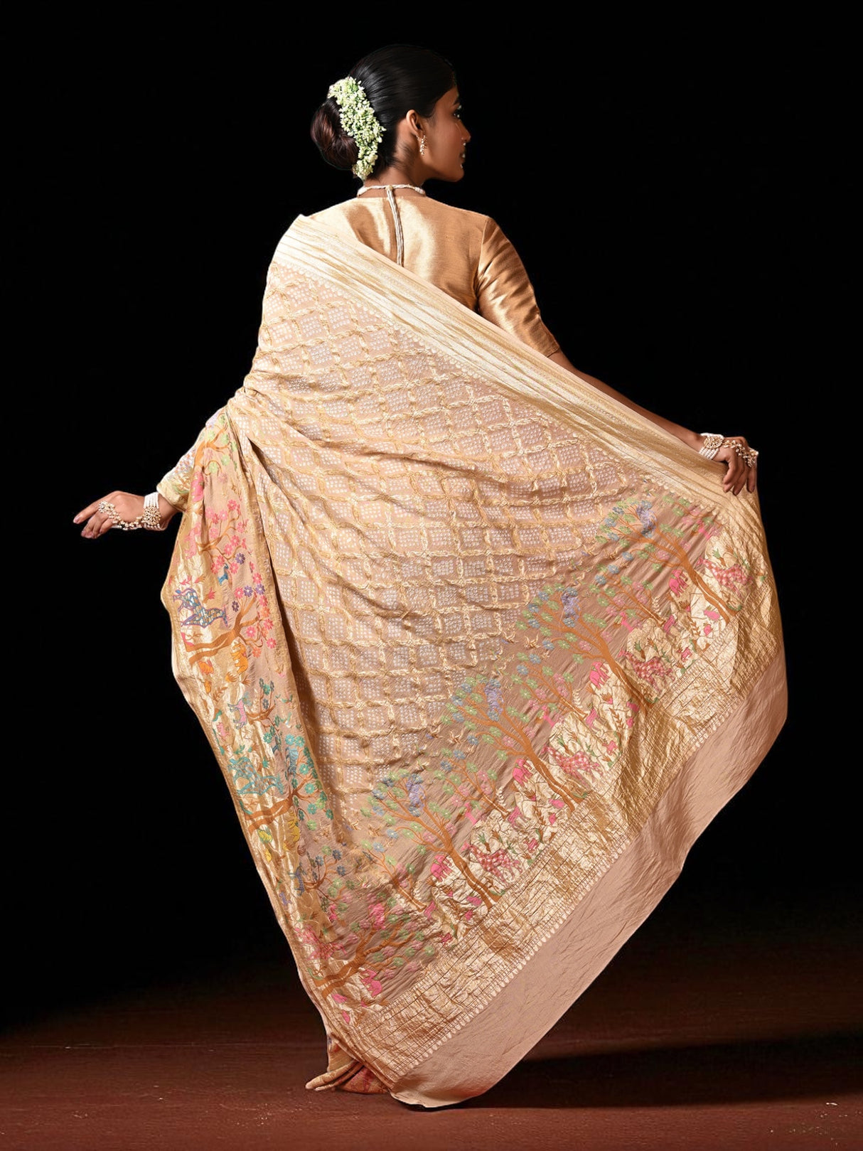 Dusty Beige Pure Banarsi Georgette Bandhani Saree