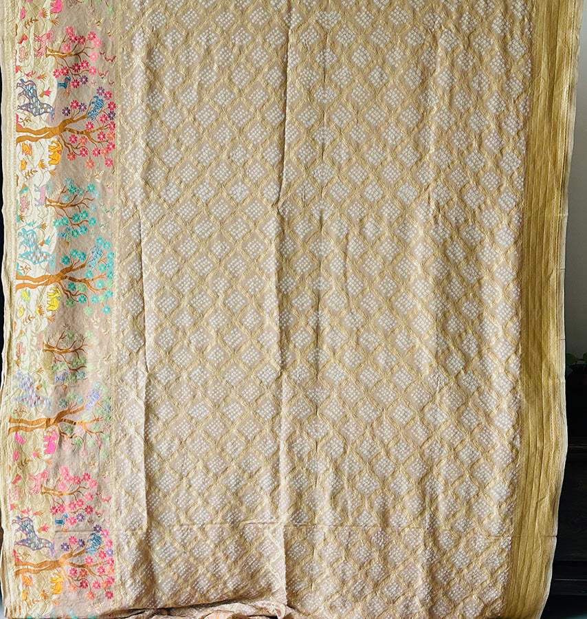 Dusty Beige Pure Banarsi Georgette Bandhani Saree