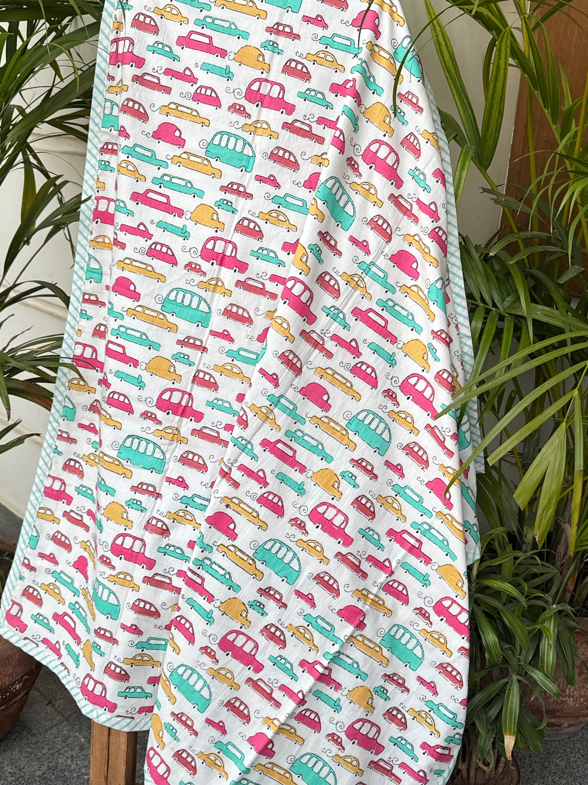 nursery themed car print kids dohar reversible mulmul cotton flannel blanket handmade in india by jaipur artisans perfect for hot weather and all season use