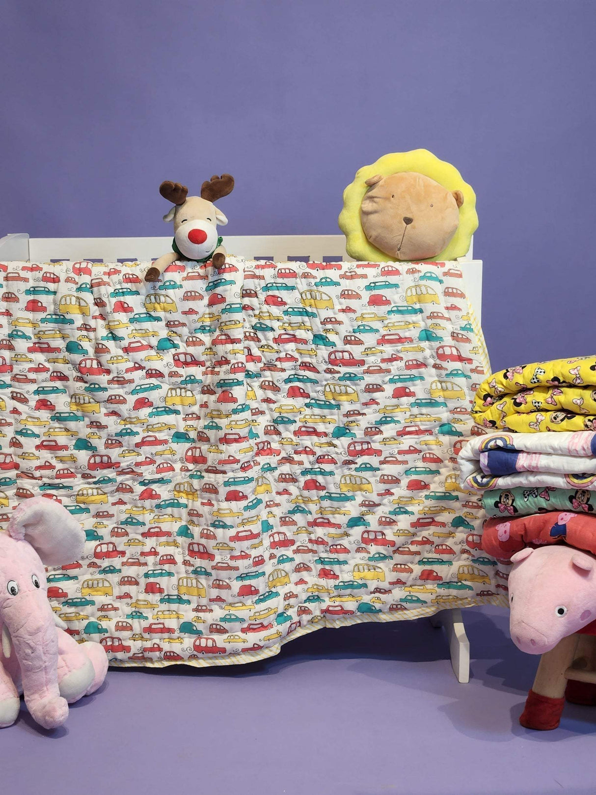 reversible dohar for kids with bright car patterns handmade in Jaipur for birthday return gifting in USA